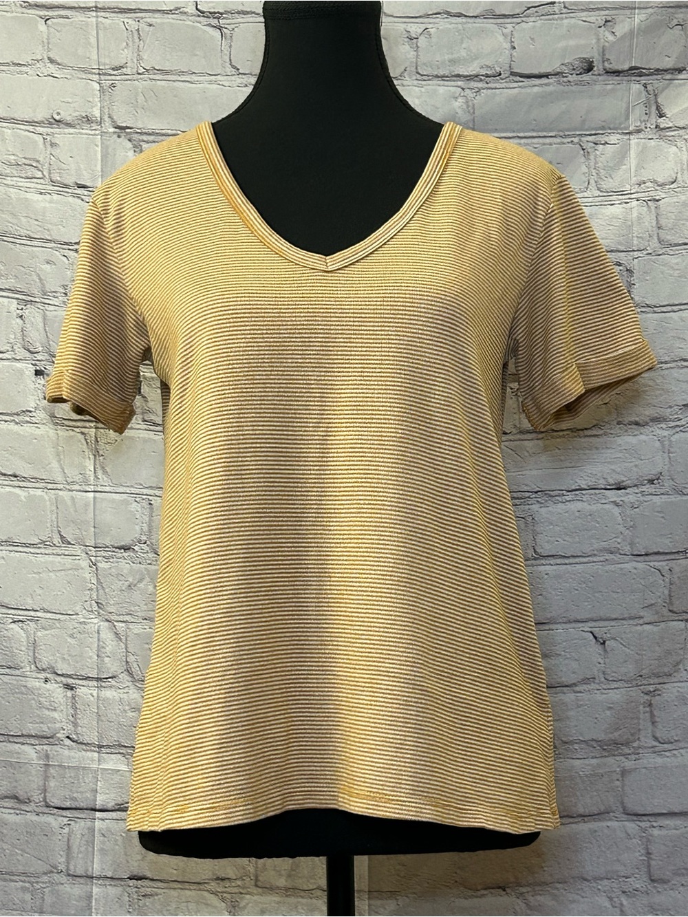 American Eagle Outfitters Cream and White Striped V-Neck Tee